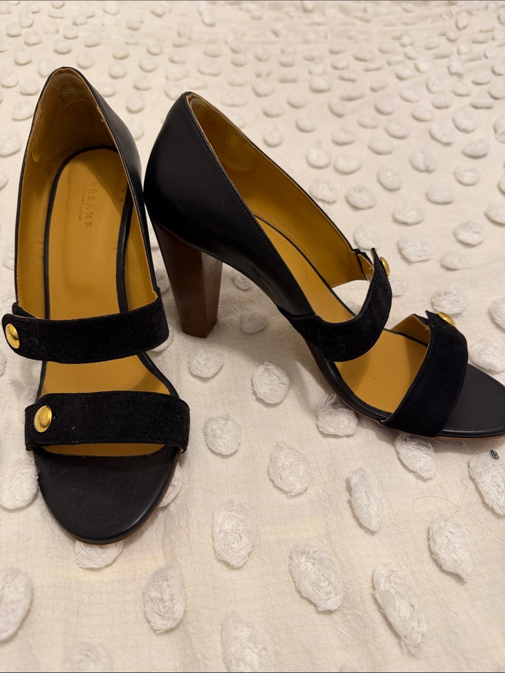 Sezane Black Suede Strap Block Heel Sandals with Gold Buttons